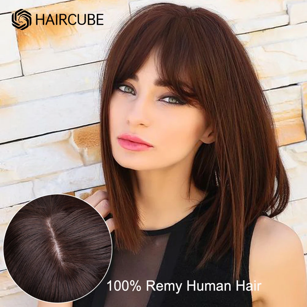 HAIRCUBE Straight Bob Human Hair Wigs for Women Shoulder Length Natural Black Wig with Bangs Full Machine Made Remy Hair Wigs