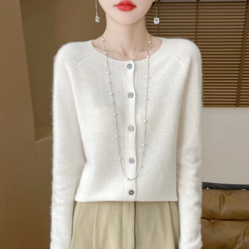 Бесшовный женский кардиган из 100% австралийской шерсти с круглым вырезом