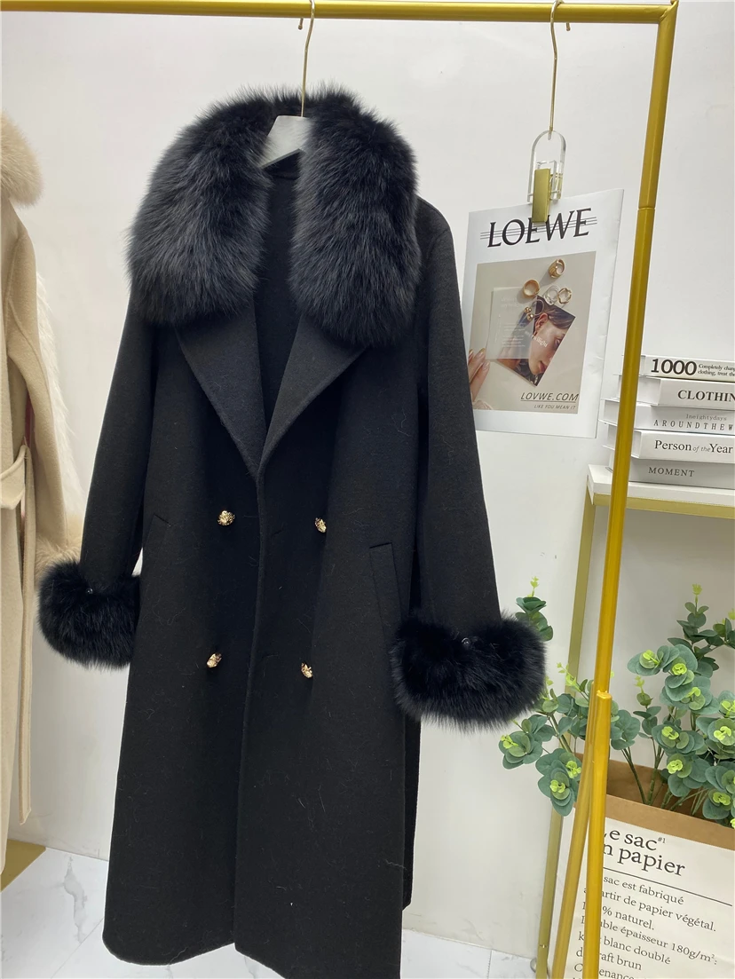 Furyoume 2022 Winter Women Long Real Fur Coat Jacket Natural Fox Fur Collar Cashmere Wool Blends Outerwear Ladies Streetwear