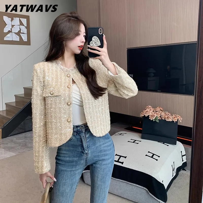 

Korean Chic Female Tweed Basic Jacket Coat Women Clothing Runway Ruffle Patchwork Sweet Sequin Casual Woolen Outerwear