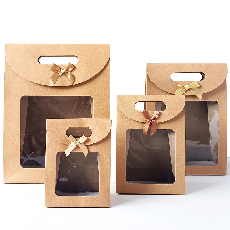 

12Pcs/Lot Kraft Paper Candy Bags with Window 4 Sizes Cookies Bags with Handle for Cake Shop High Quality Wedding Party Gift Bags