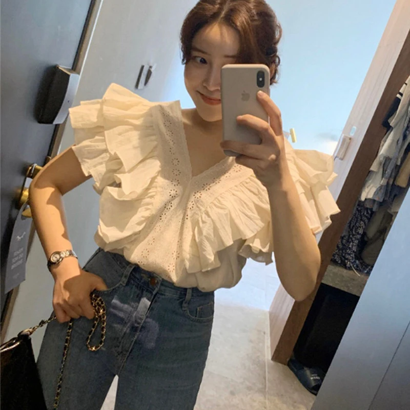 

DAYIFUN Summer Blouse Women Fashion Ruffled Lace Patchwork Solid Slim Top New V Neck Korean Sleeveless Shirt Vintage Clothes