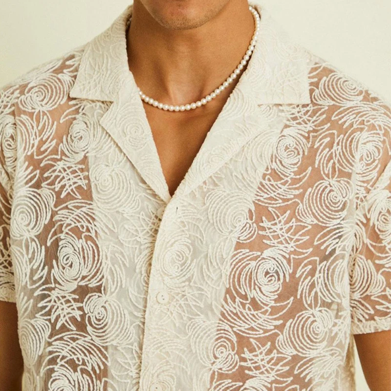 

Vintage Floral Embroidery Lace Shirt Sexy Men's Streetwear Shirts Summer Short Sleeve Button Lapel Casual Shirt Tops Men Fashion