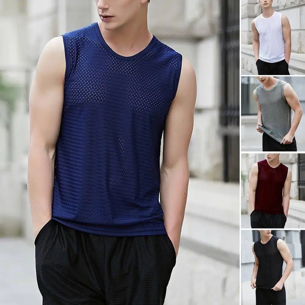 

Sports Vest Smooth Men Vest O-neck Summer Cool Vest Beach Travel Tops Fashion Solid Color Ice Silk Seamless Vest Sportwear