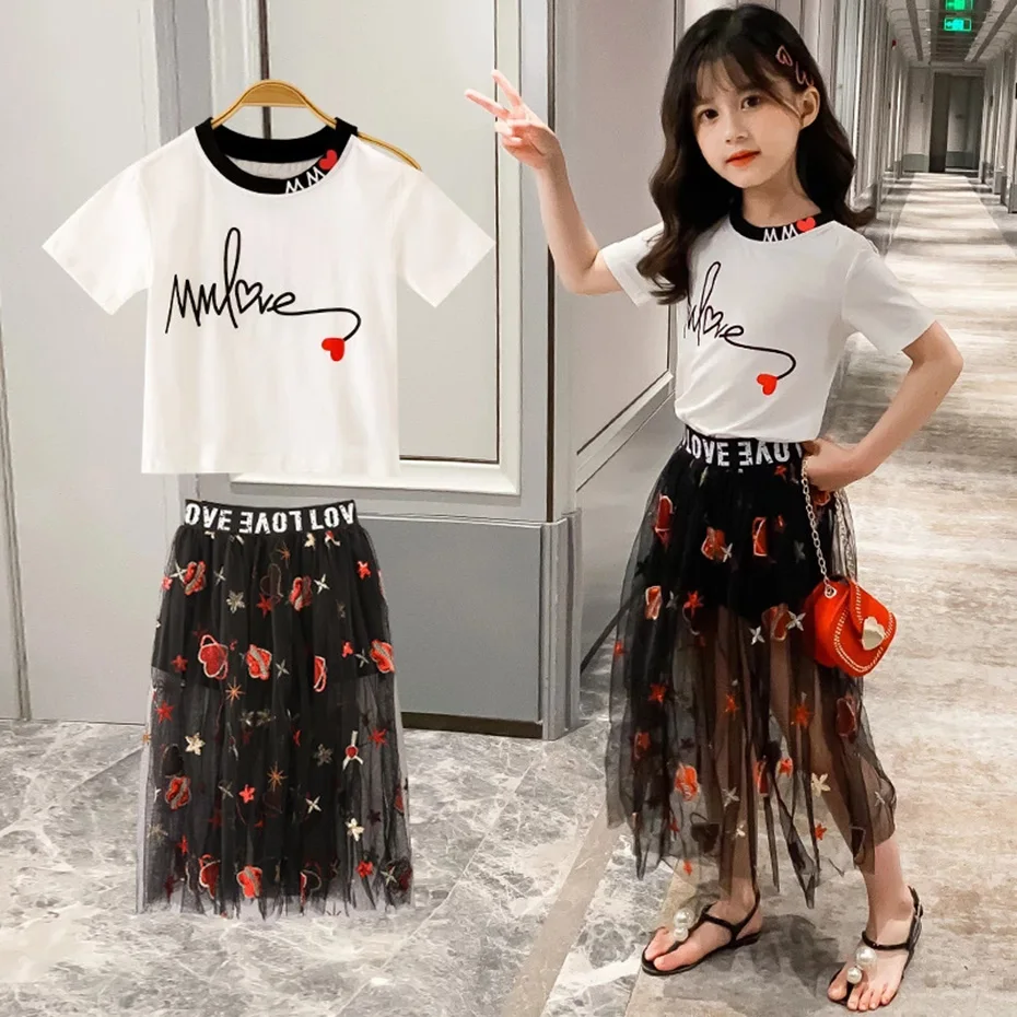 

Fashion Summer Kids 2PCS Girl Clothes Sets Teenage 6 8 10 12 14 Years Casual School Clothes Sets Tops T-shirt Tutu Skirt Outfits