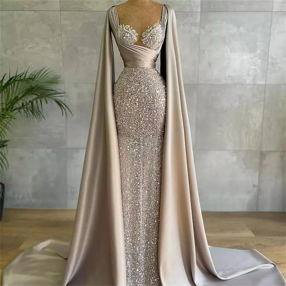 

2022 Arabic Glitter Sequined Evening Dresses With Cape Ruched Lace Sweetheart Prom Party Formal Women Gowns Custom Made