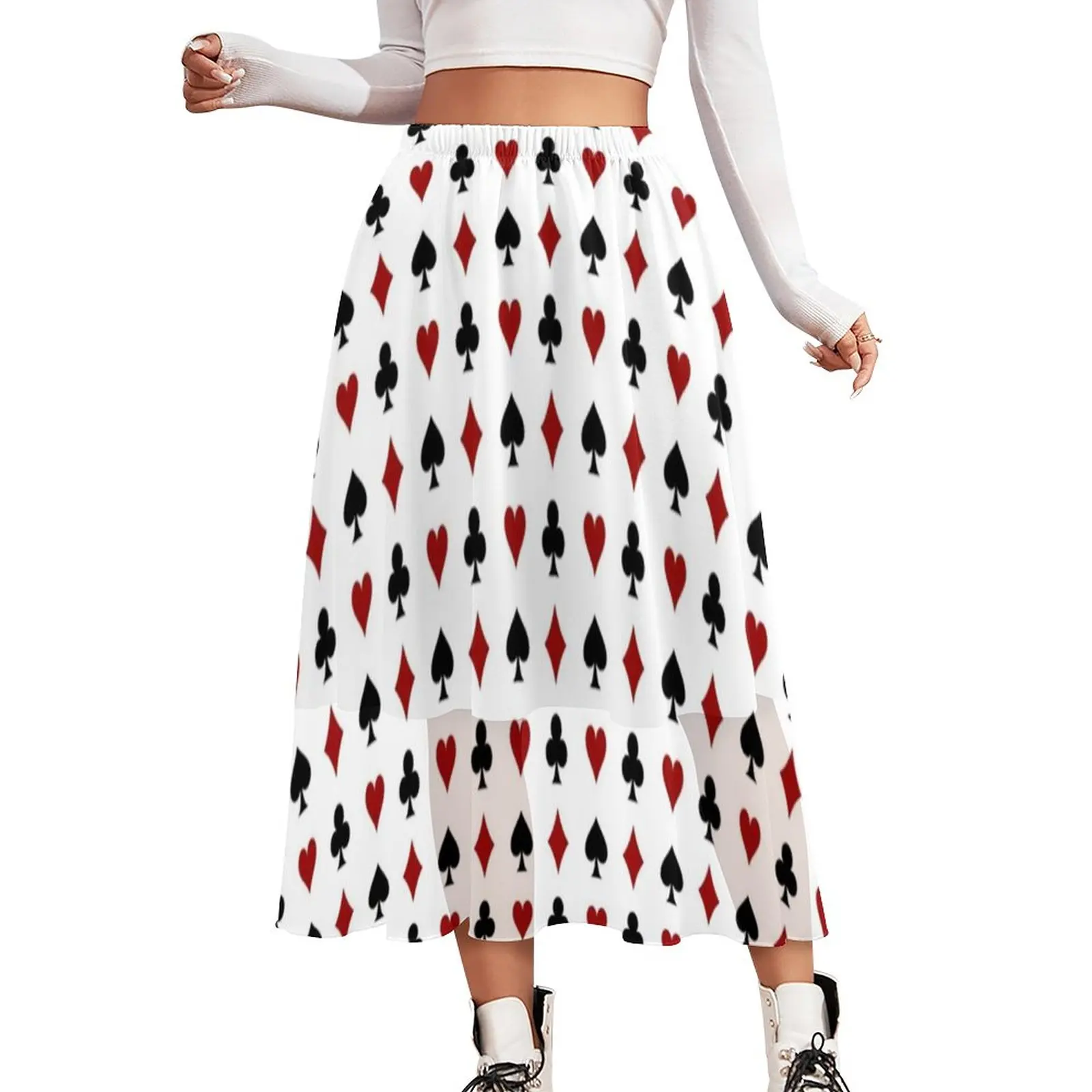 

Poker Chiffon Skirt Hearts Diamonds Clubs Spades Card Suits Harajuku Casual Skirts Womens Vintage Boho Skirt Print Bottoms Gift