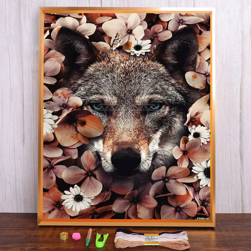 

Flower Animal Fox Wolf Cat Tiger Printed Canvas 11CT Cross-Stitch Kit Embroidery DMC Threads Handiwork Painting Stamped