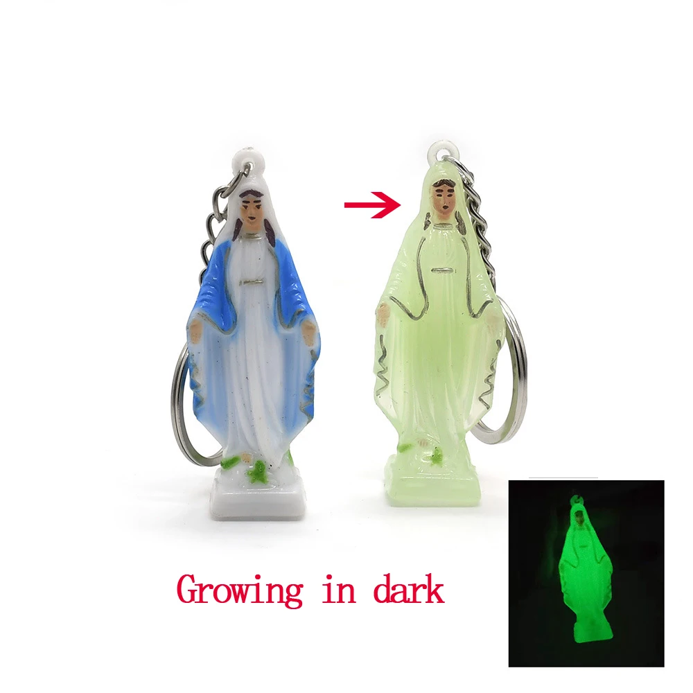 

BY09 Key Chains Virgin Sacred Objects Blue Glow Keychain Charms Link Rings Split Ring Keyfob Key Holder Pendant Gifts Keyring