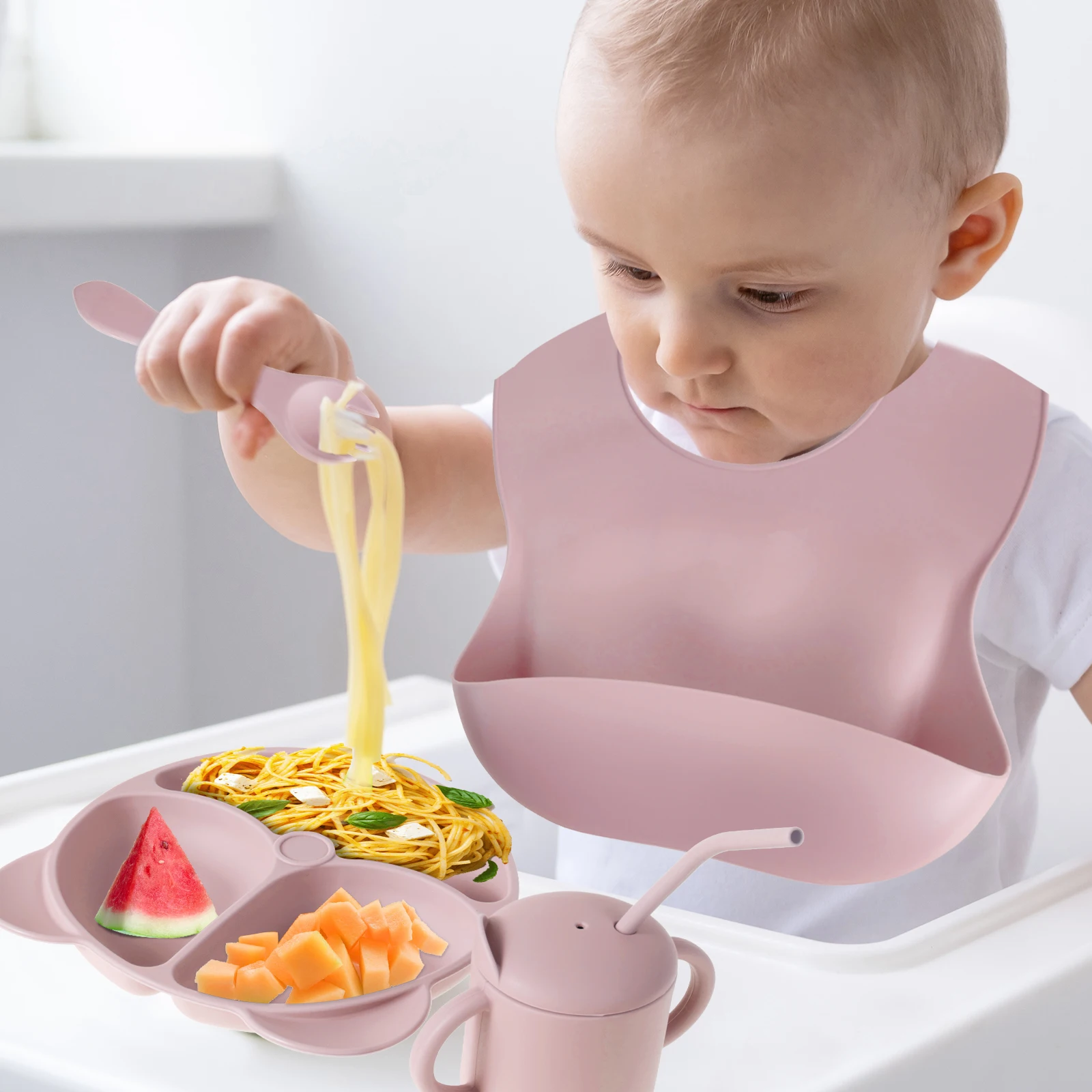 

Набор силиконовой посуды для кормления ребенка, многоразовый светодиодный набор из 8 предметов, моющаяся всасывающая чаша и тарелки для детей 2