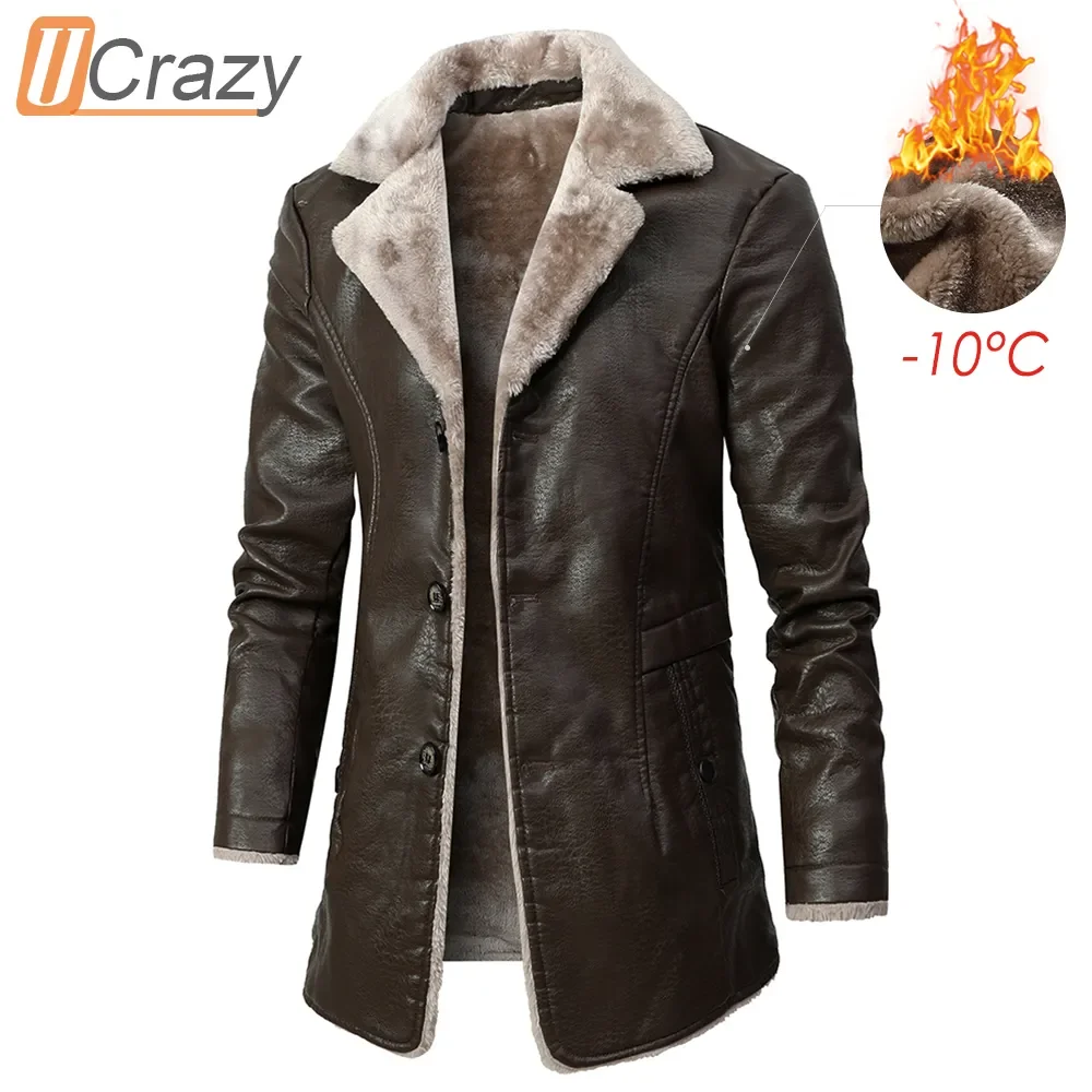 

Ucrazy Men Winter New Casual Long Thick Fleece Leather Jacket Parkas Men Outfit Warm Vintage Pocket Faux Leather Jacket Coat Men