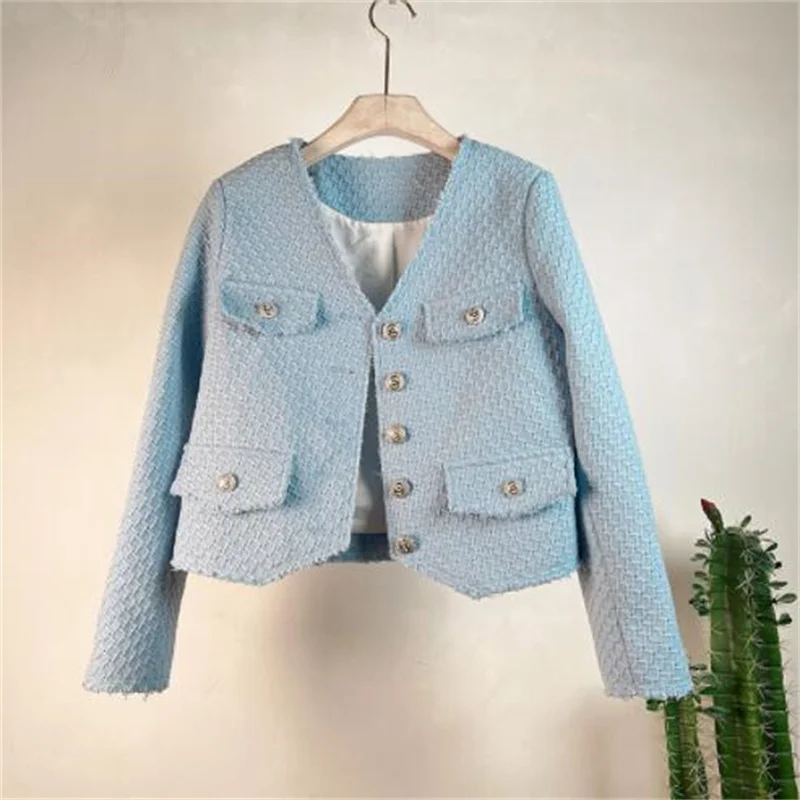 Short coat women's single-breasted tweed jackets fashionable temperament long-sleeved spring new style white blue