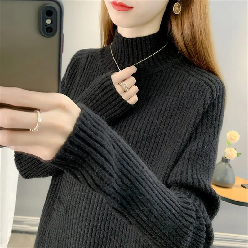 Весенне-осенний вязаный свитер с высоким воротником и длинным рукавом женский