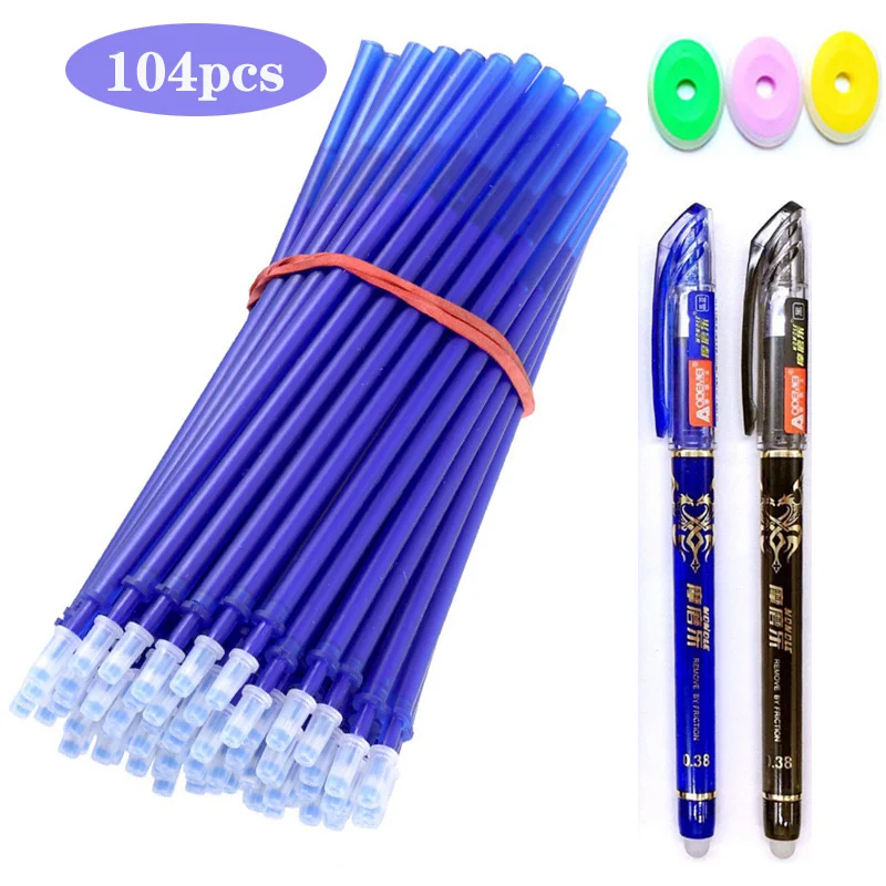 

100+3+1 Pcs/Set 0.38mm Blue Black Gel Pen Erasable Refill Rod School Pen Kawaii Washable Handle School Writing Stationery Ink