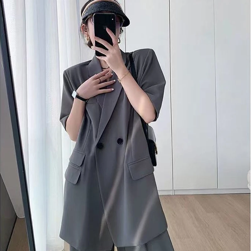 2023 Summer New Blazers Two Piece Suits Women Korean Loose Short Sleeve Blazer Tops High Waist Wide Leg Pants Sets Femme