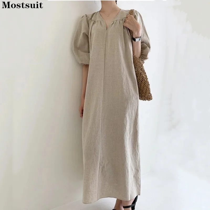 

Длинное платье из хлопка и льна, с пышными рукавами и V-образным вырезом