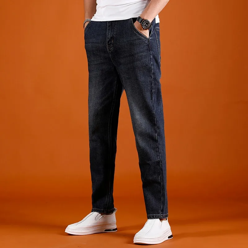 Summer Men Jeans Fashion Casual Dark Blue Regular Pencil Pants Cotton Solid Color Denim Trousers