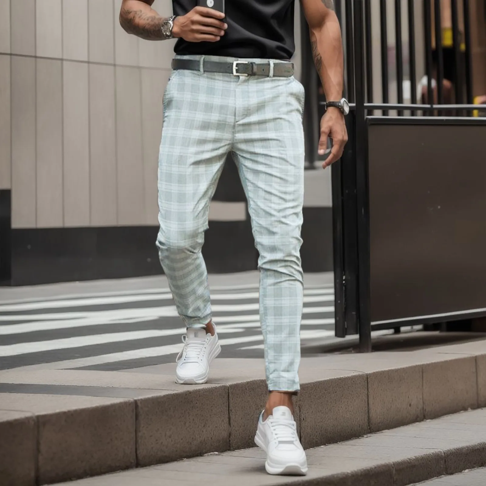 

Mens Lattice Print Pants Elastic Waist Pockets Pencil Pants Trendy Work Office Wear Trousers Vintage Elegant Aesthetic Pantalone