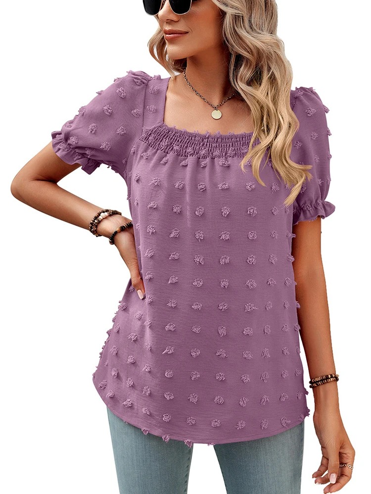 

Летняя жаккардовая шифоновая блузка с квадратным воротником, Женская милая плиссированная рубашка с коротким рукавом, женские топы, женская одежда, 25467