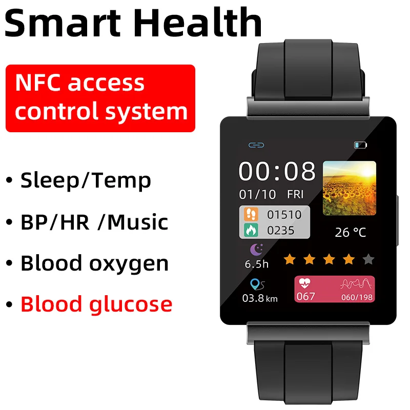UGUMO Blood Glucose Smart Watch Heart Rate blood pressure Body Temperature NFC Access Control Smartwatch for Men Women