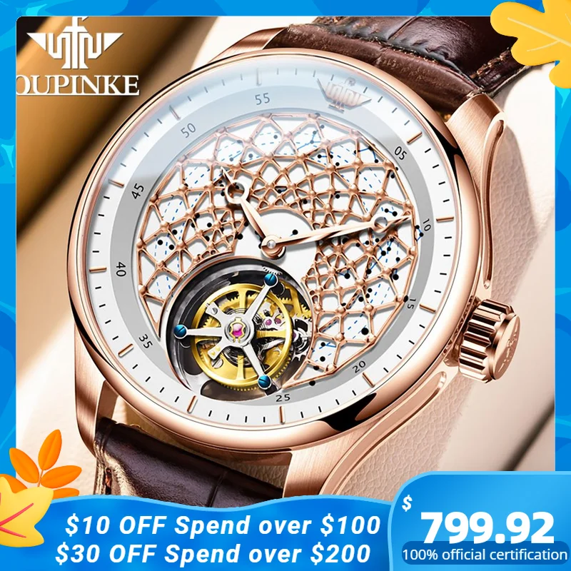 

OUPINKE Tourbillon Wristwatch Automatic Men Watches Skeleton Design Sapphire Mirror Original Leather Strap Watch for Man Luxury