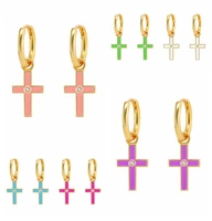 925 sterling silver needle 9mm pendant hoop earrings for women purplewhitegreenrose redpink enamel cross earrings jewelry