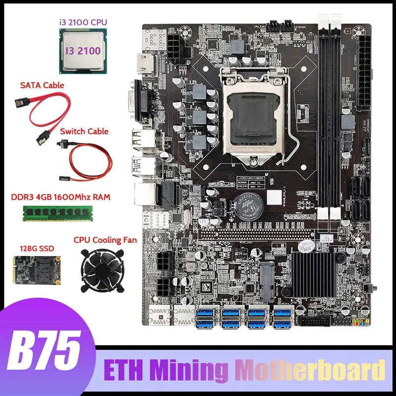      BTC 8xpcie  USB3.0 + I3 2100  +  + DDR3 4  1600   + 128  SSD +  SATA +  