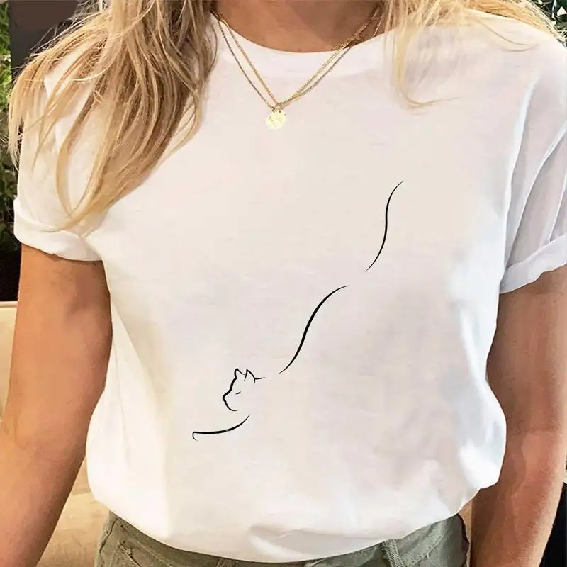 

Women Tshirt Print Tees Clothes Regular Short Sleeve Tops Cat Simple Cute Print Ladies Fashion Cartoon Graphic Female T-Shirt
