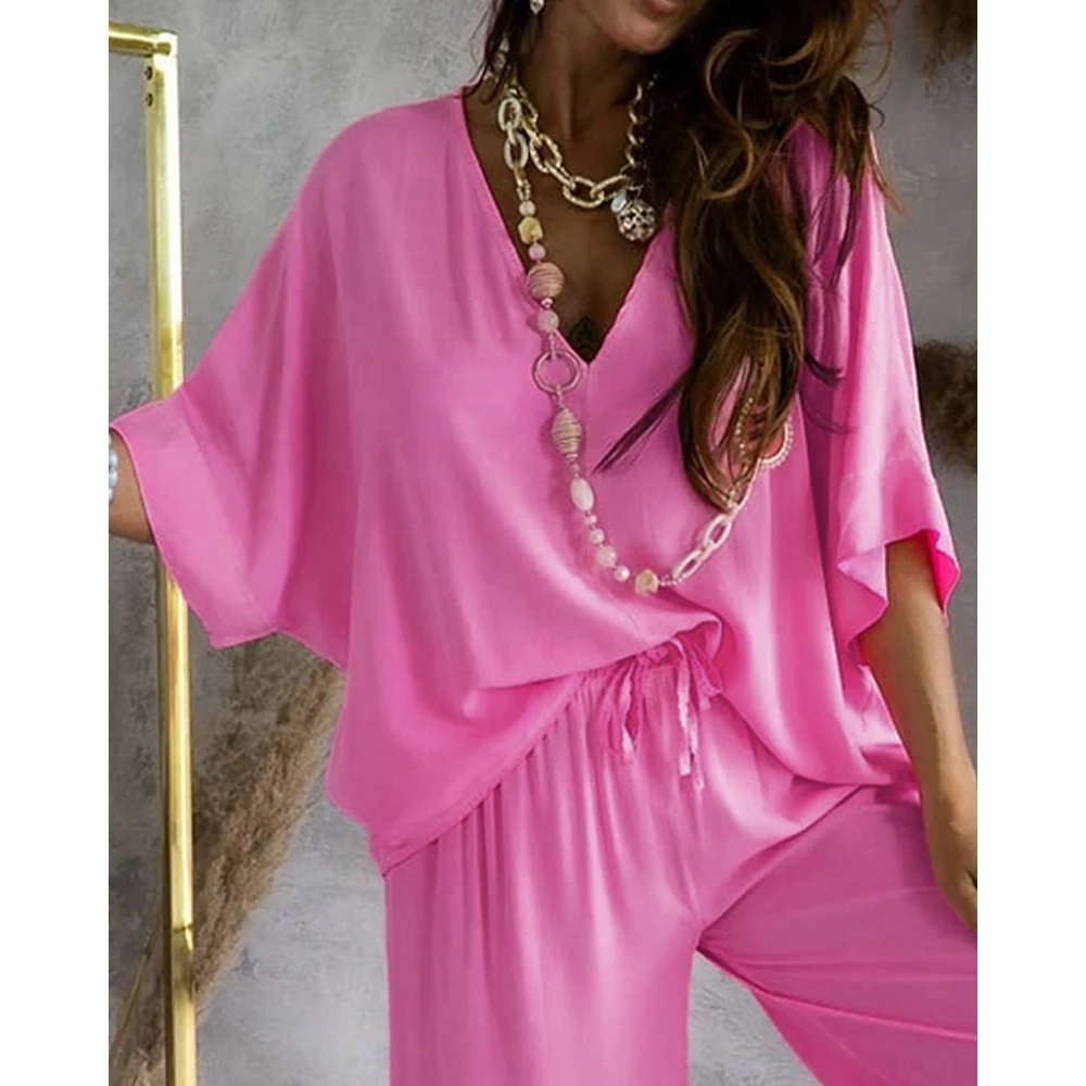 Autumn Women V-Neck Batwing Sleeve Top & High Waist Pants Set Solid Sleepwear Long Sleeve Two Pieces Homewear Casual Pajamas Set