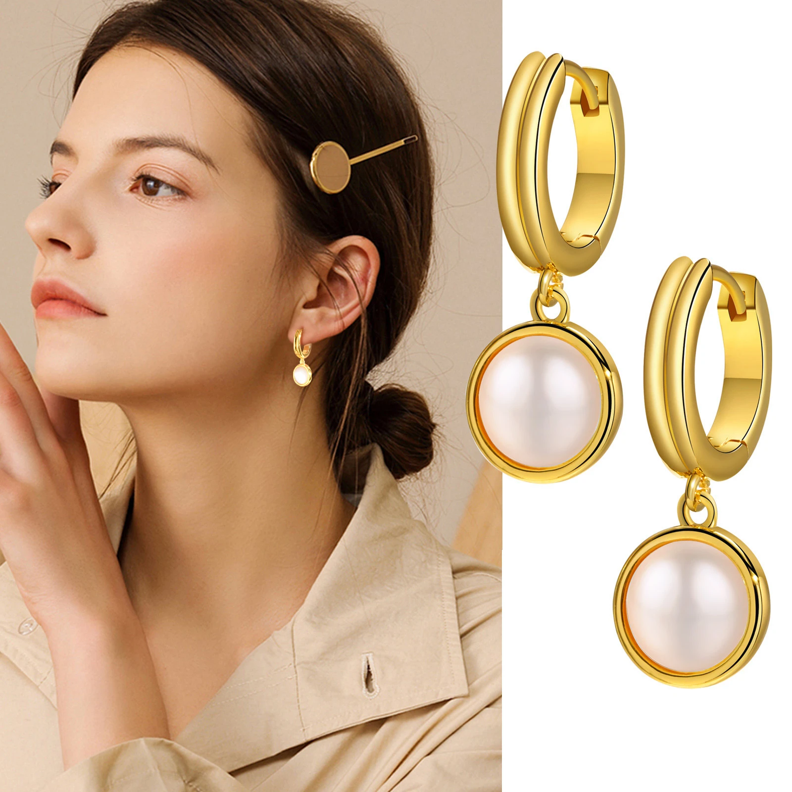 

Gold Color Women's Trendy Hoop Huggie Earrings, Anti Allergy Dainty Copper Shell Stud Earrings Gift Jewelry To Mom Girls