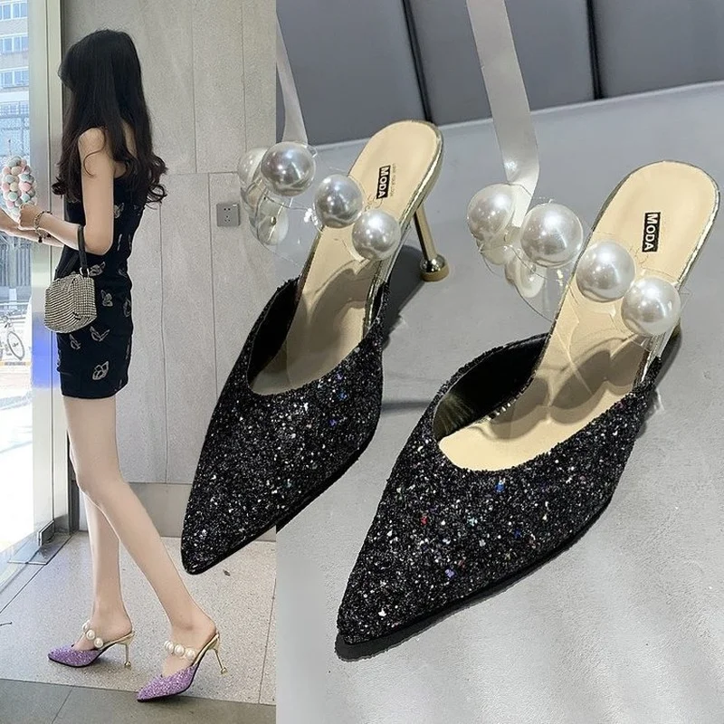 

2022 New High Heel Sandals Gretel Pu Leather Sequins Stiletto Heels Sexy Womens Slippers Pearl Decoration Ladies Sandals