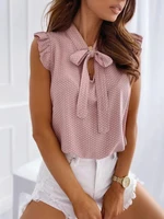 women summer elegant ruffles sleeveless polka pot lace up tie bow blouses and shirts casual oversize tops sexy pullover tunic