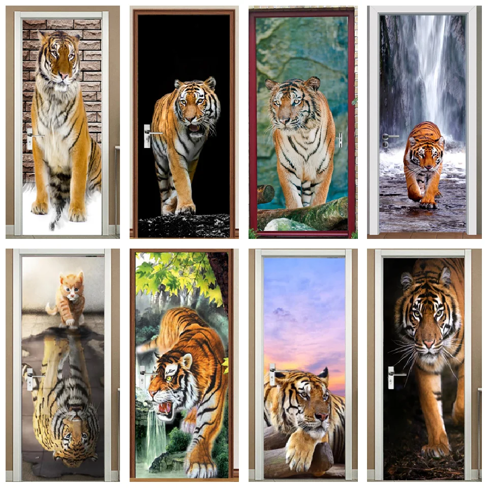 

3D Vision Tiger Door Sticker Wallpaper For Living Room Bedroom Decoration Self Adhesive Vinyl Lion Poster Removable Wall Decals