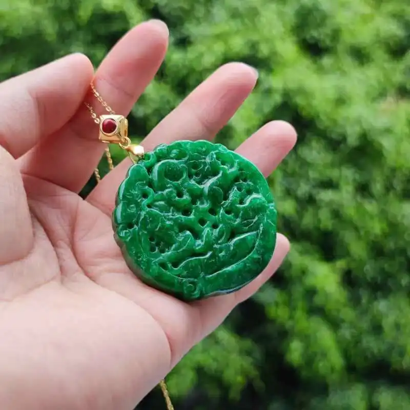 

1pcs/lot 14k bag gold rich natural green full color extravagant lady dry green jade jade round plate pendant necklace Five rats