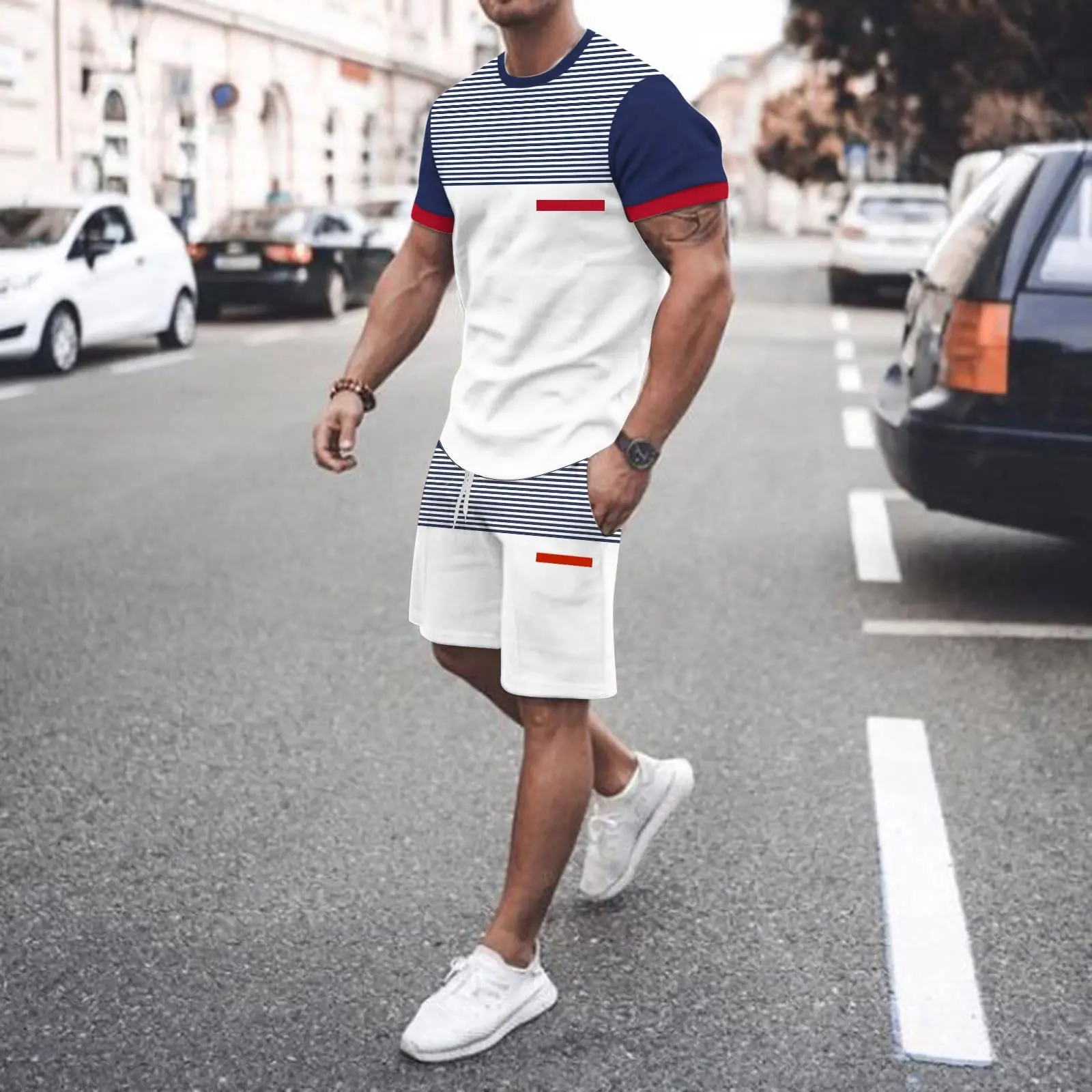 Summer Men's Tracksuit Set T-Shirt Shorts 2-piece Striped Splicing Fashion Fitness Sportswear Large Size Jogging Suit Streetwear