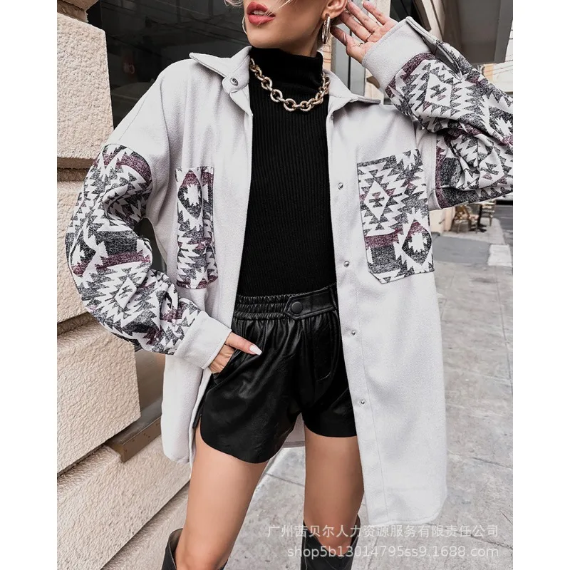 

Wepbel Printed Patchwork Wool Coat Outwear Fashion Vintage Jackets Women Autumn Tribal Print Patch Pocket Long Sleeve Shacket