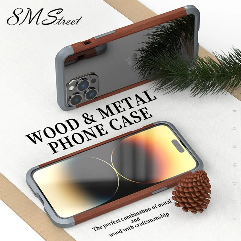 

Wood Border Phone Case For Iphone 12 13 14 Pro Max 14 Plus Aluminum Metal Frame Phone Cover For IPHON 11 12 13 Promax X XR XSmax