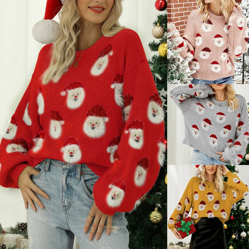 

Winter New Women Christmas Sweater Handmade Knitted Pullover Santa Claus Print Sweaters Jumper Fashion Xmas Party Clothing