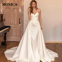 monica simple wedding dress tube top satin open back pleats detachable trailing ball banquet bridal dress vestido de novia