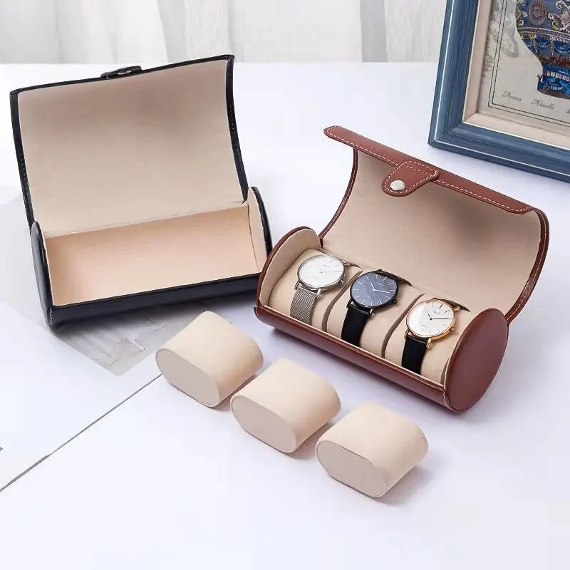Cylinder Travel Portable Necktie Storage Three-person Watch Leather Jewelry Display Gift Box Wholesale 904L super watch