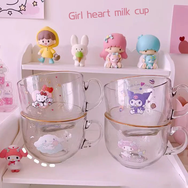 

Sanrio Hello Kitty Cinnamoroll Milk Juice Tumblers Coffee Mug Kuromi Cute Girl Heart Casual Glass with Handle Portable Water Cup