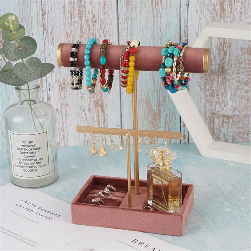 

Двойная витрина для ювелирных изделий T-образной формы, органайзер для ювелирных изделий, подставка с большим лотком для женщин, ожерелье, браслет, кольца