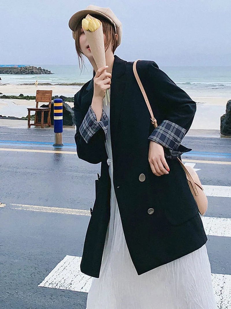 Black Suit Blazer Office Jacket Ladies Tailored Oversized Fashion Double Buttons Long Loose Coat Formal Casual Autumn Women Suit