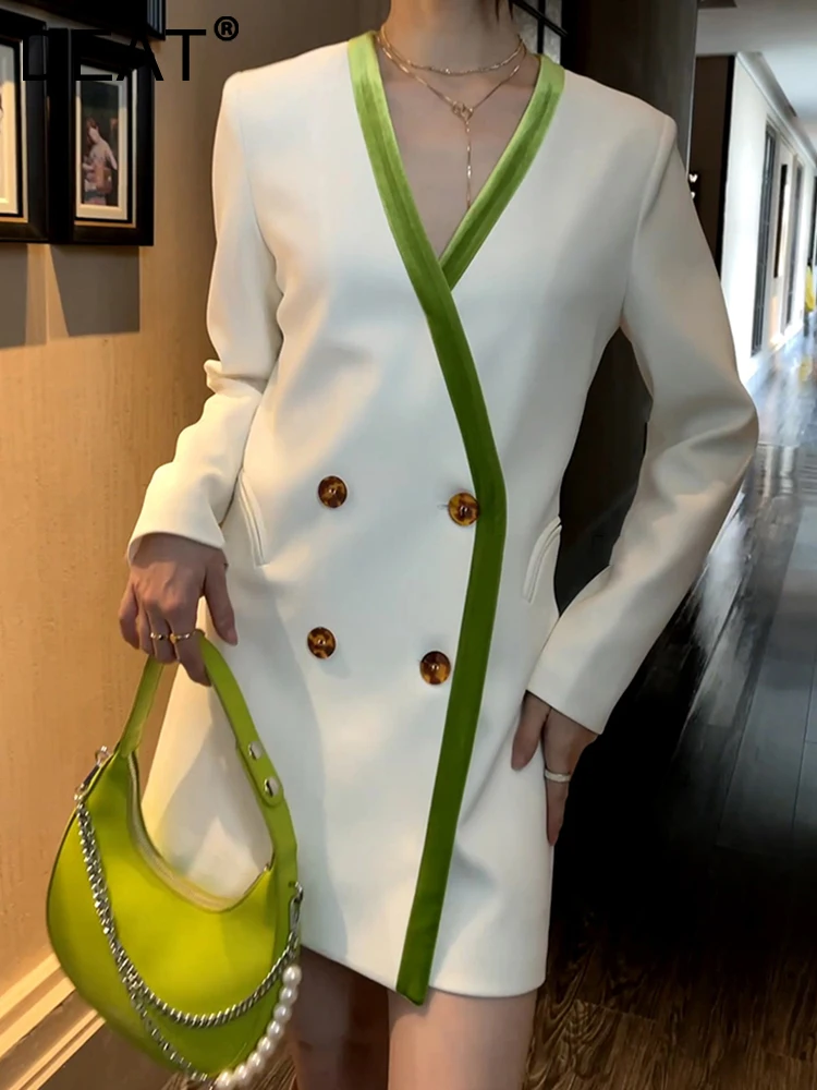 

DEAT Fashion Women's Suit Dress V-neck Full Sleeve Double Breasted High Waist Contrast Color Dresses Autumn 2023 New 17A7094