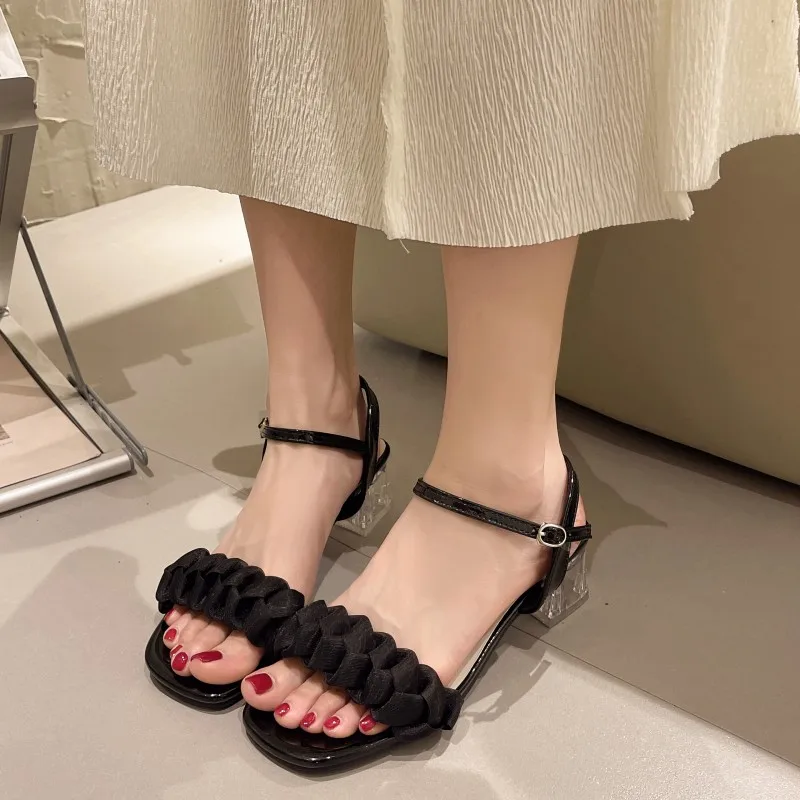 

Женские босоножки на высоком каблуке, туфли с ремешком на щиколотке и пряжкой, Классические сандалии с открытым носком и квадратным носком, ...