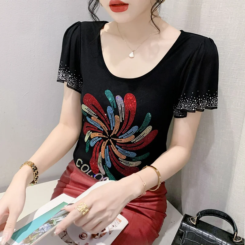 # 5693 Черная синяя сетчатая футболка с бриллиантами сексуальная облегающая