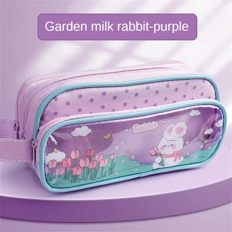 Three Layers Large Capacity Pencil Bag Stationery Cartoon Transparent Grid Pen Case Girl Zipper Pouch School Supplies