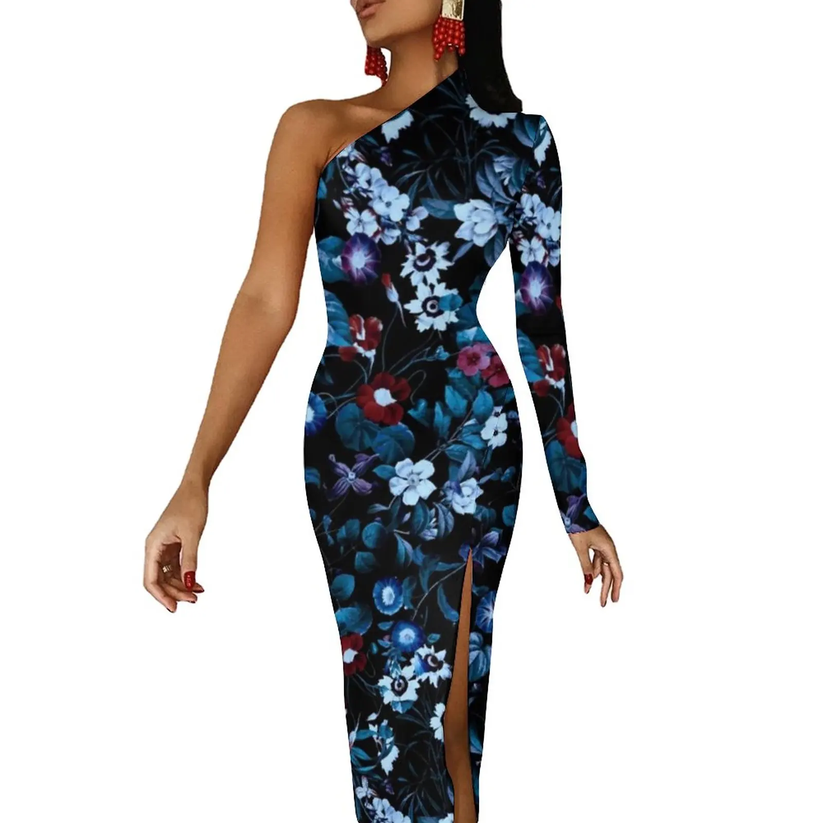 

Tropical Floral Long Dress Woman Night Garden Retro Print Street Wear Maxi Dress Retro Bodycon Dresses Side Split Design Vestido