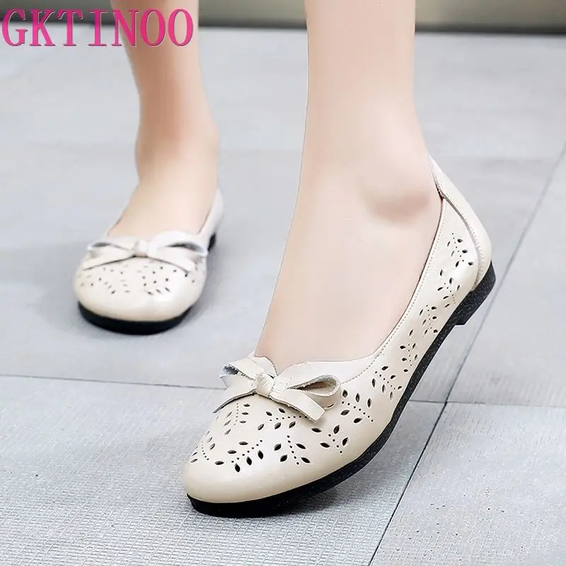 

GKTINOO Spring Shoes Women Genuine Leather Flat Shoes Female Ballet Flat Shoe Summer Lady Hollow Out Loafers Women Sandal