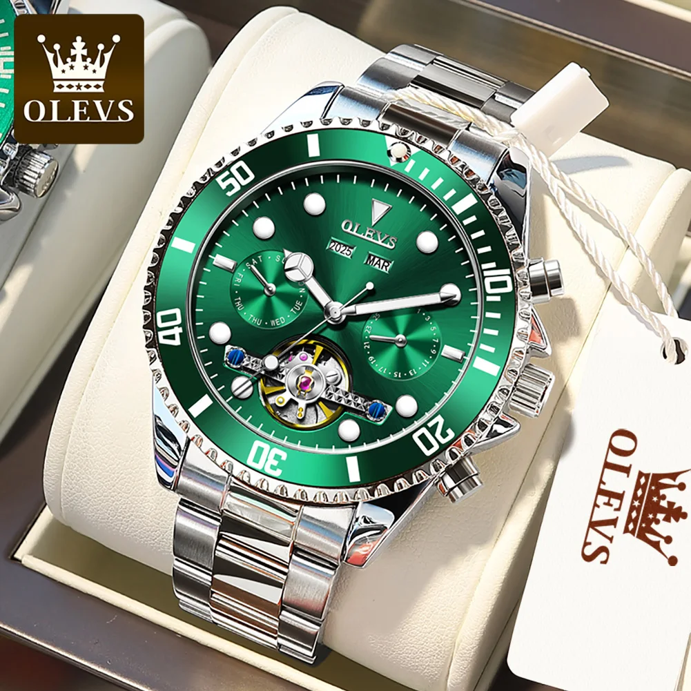 

OLEVS Luxury Men's Mechanical Watch Waterproof Business Stainless Steel Strap Green Wrist Watch Men Skeleton Automatic Watch
